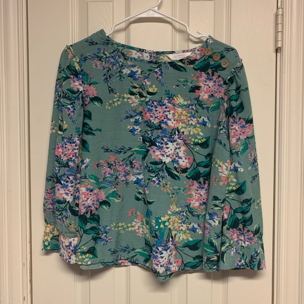 LC Lauren Conrad green floral long sleeve shirt buttons womens size L Large EUC - Picture 3 of 12